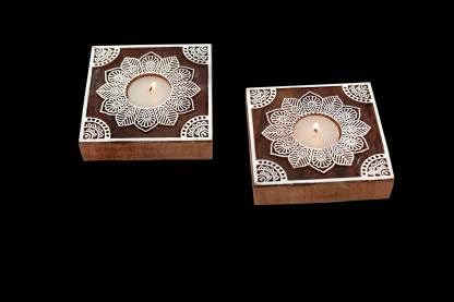 Square Block Shaped Wooden Tea-Light Holder