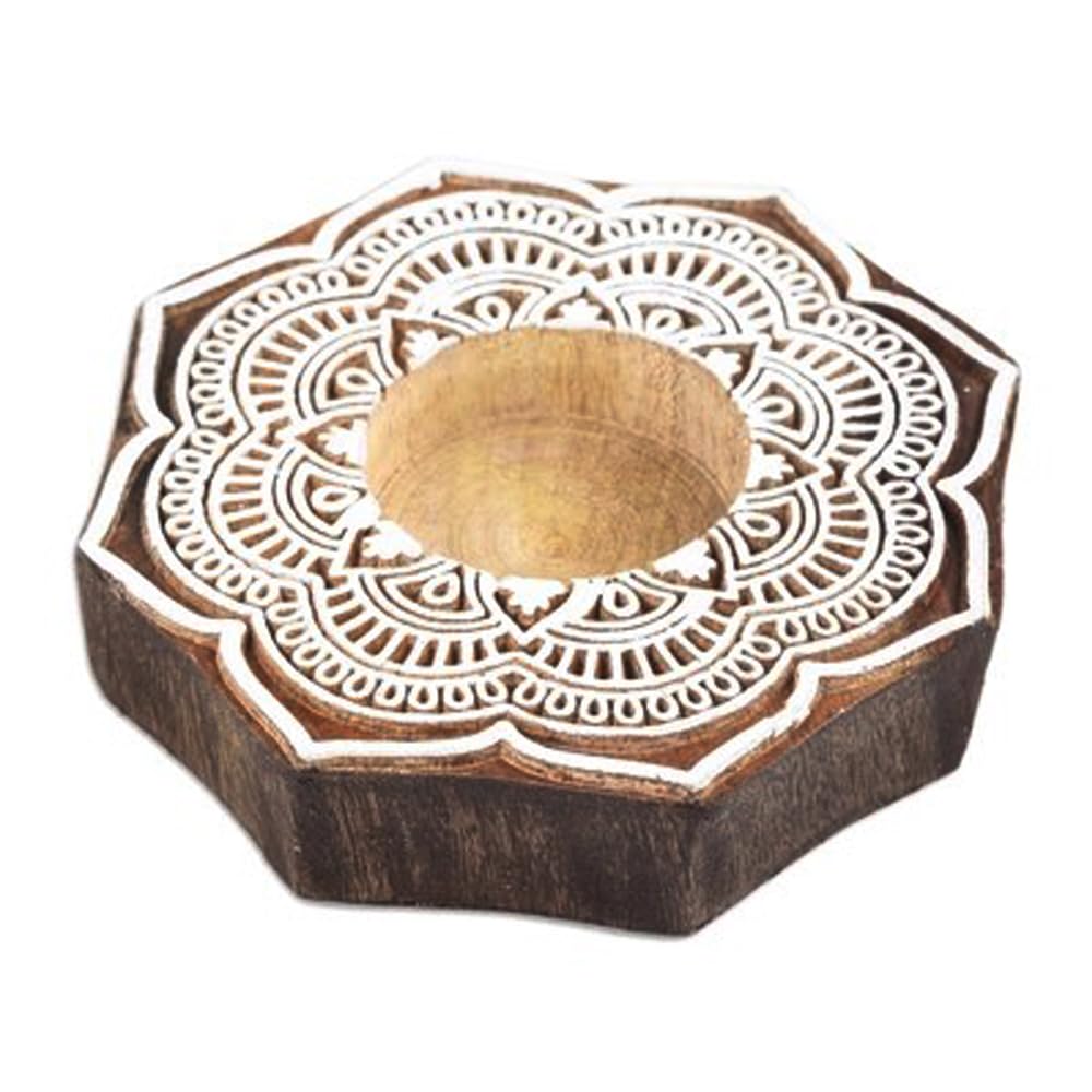Handmade Carved Flower Rangoli Wooden Tea-Light Holder