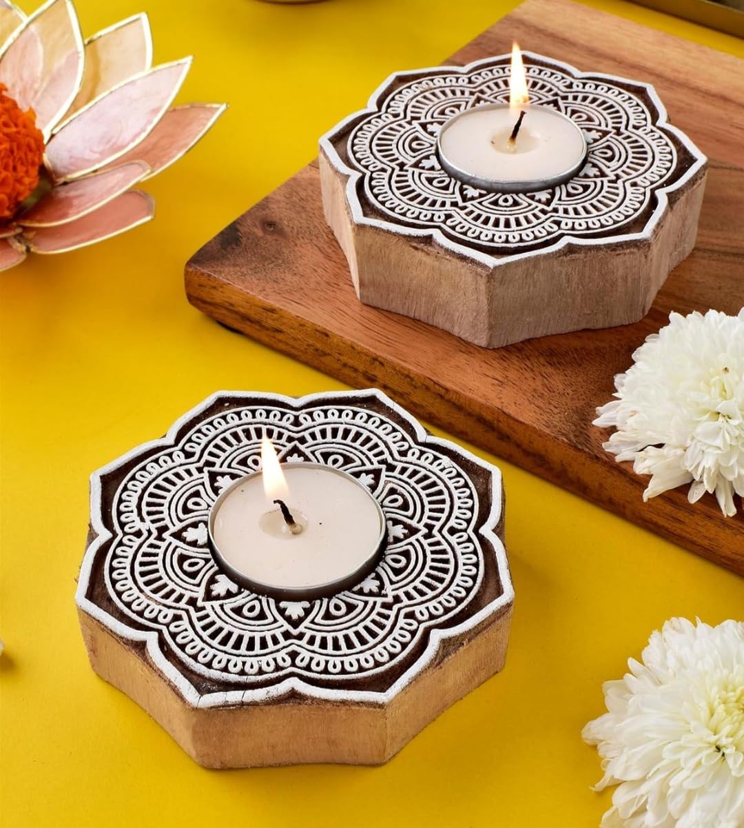 Handmade Carved Flower Rangoli Wooden Tea-Light Holder