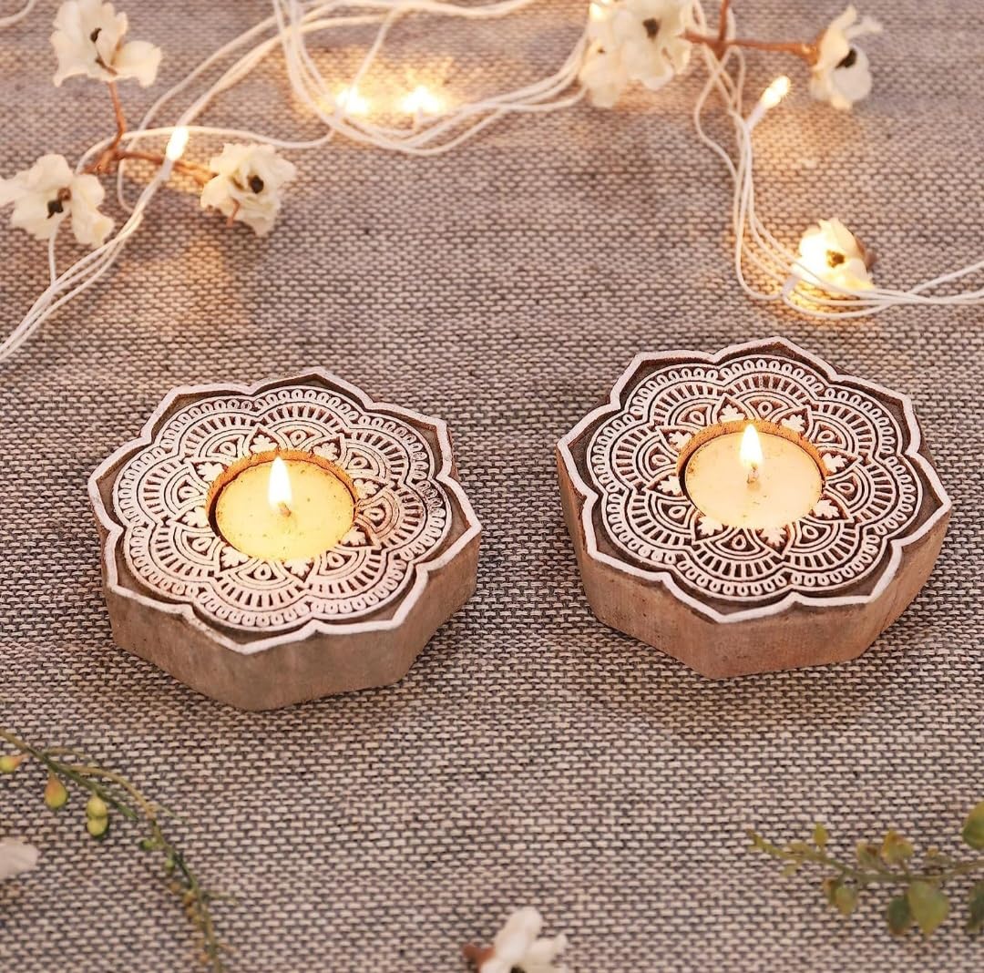 Handmade Carved Flower Rangoli Wooden Tea-Light Holder