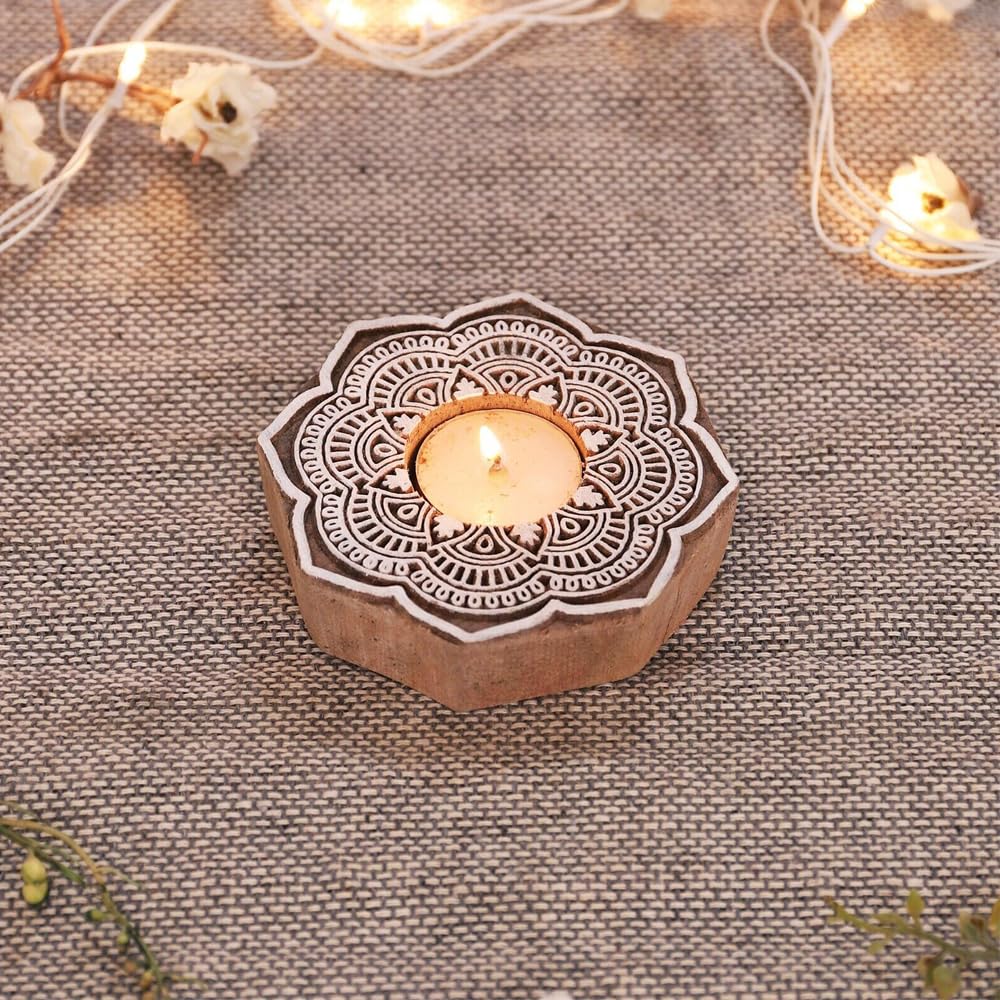 Handmade Carved Flower Rangoli Wooden Tea-Light Holder
