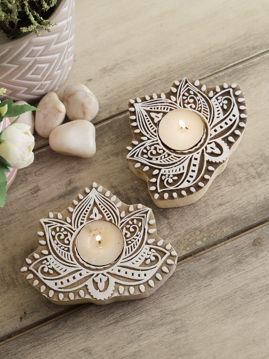 Lotus Shaped Wooden Tea-Light Holder