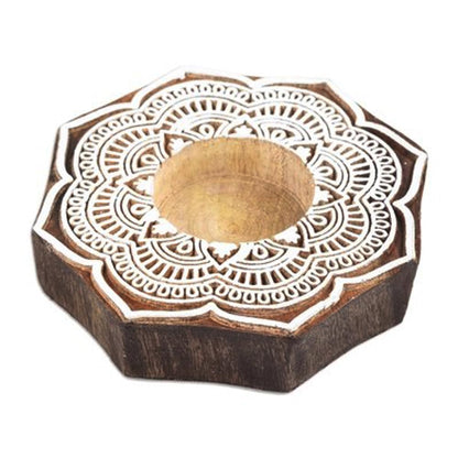 Handmade Carved Flower Rangoli Wooden Tea-Light Holder