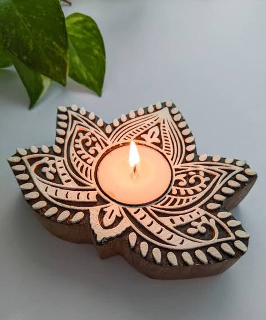 Lotus Shaped Wooden Tea-Light Holder