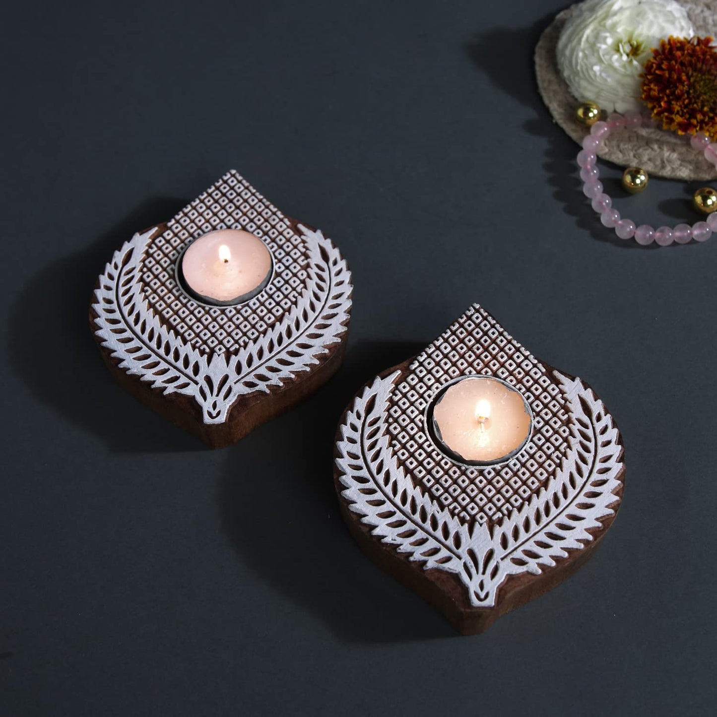 Leaf Shaped Wooden Tea-Light Holder