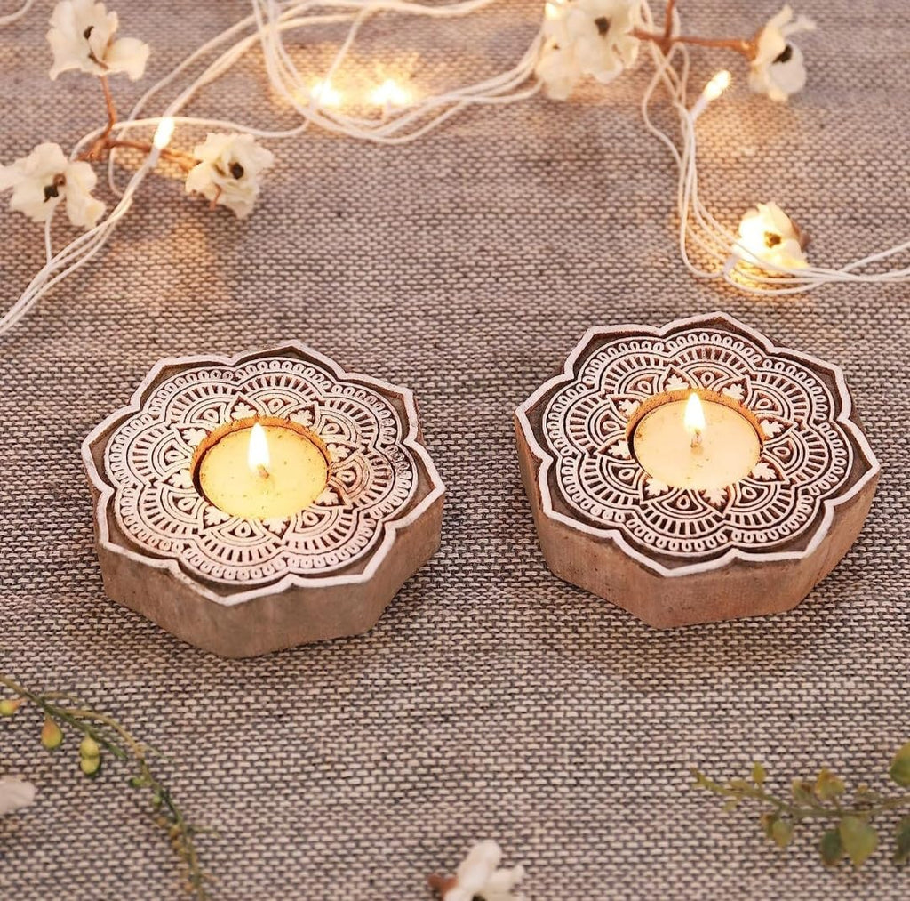 Handmade Carved Flower Rangoli Wooden Tea-Light Holder