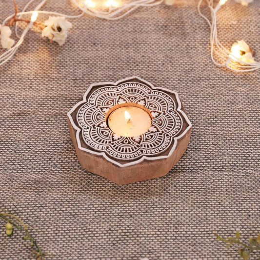 Handmade Carved Flower Rangoli Wooden Tea-Light Holder