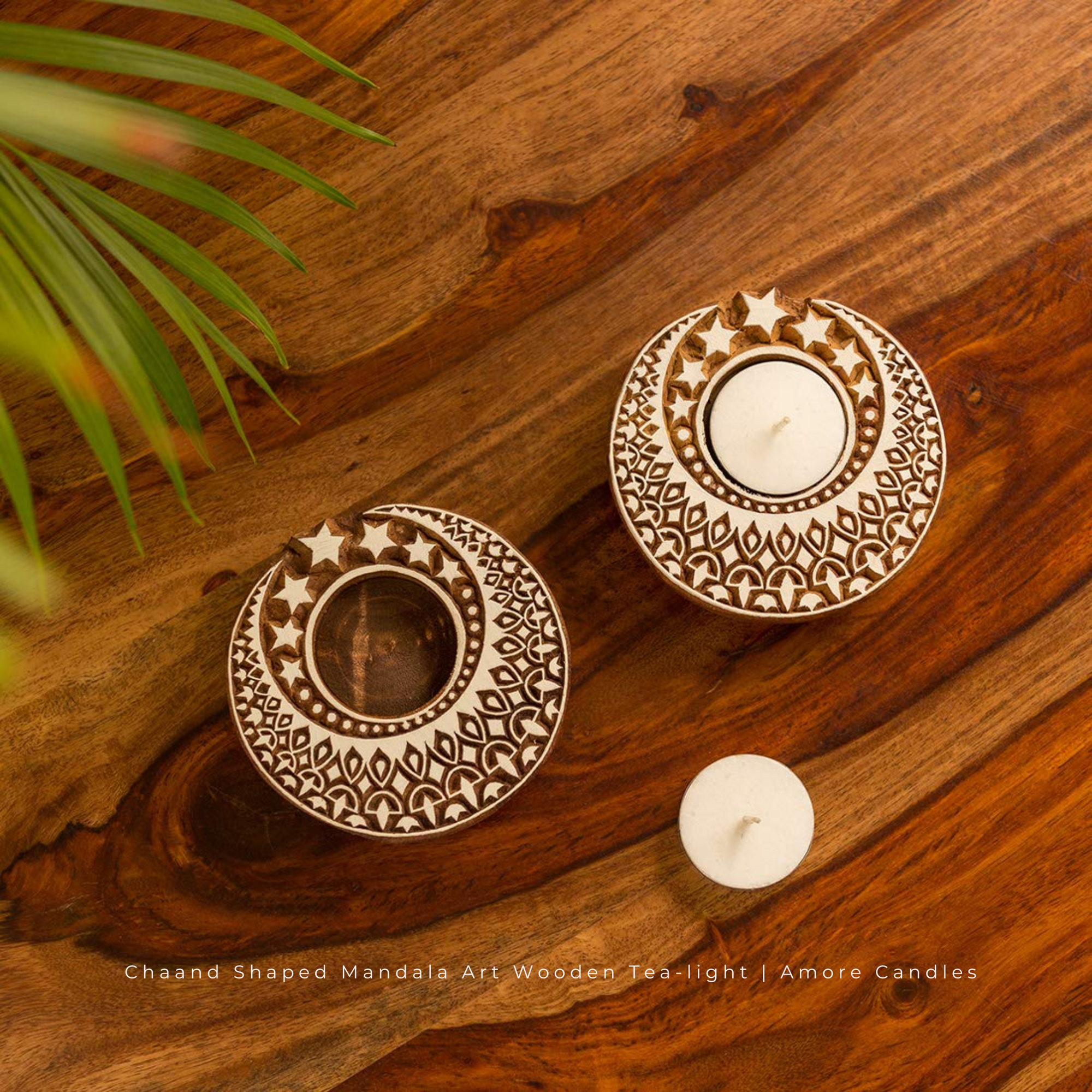 Chaand Tara Shaped Wooden Tea-Light Holder x2