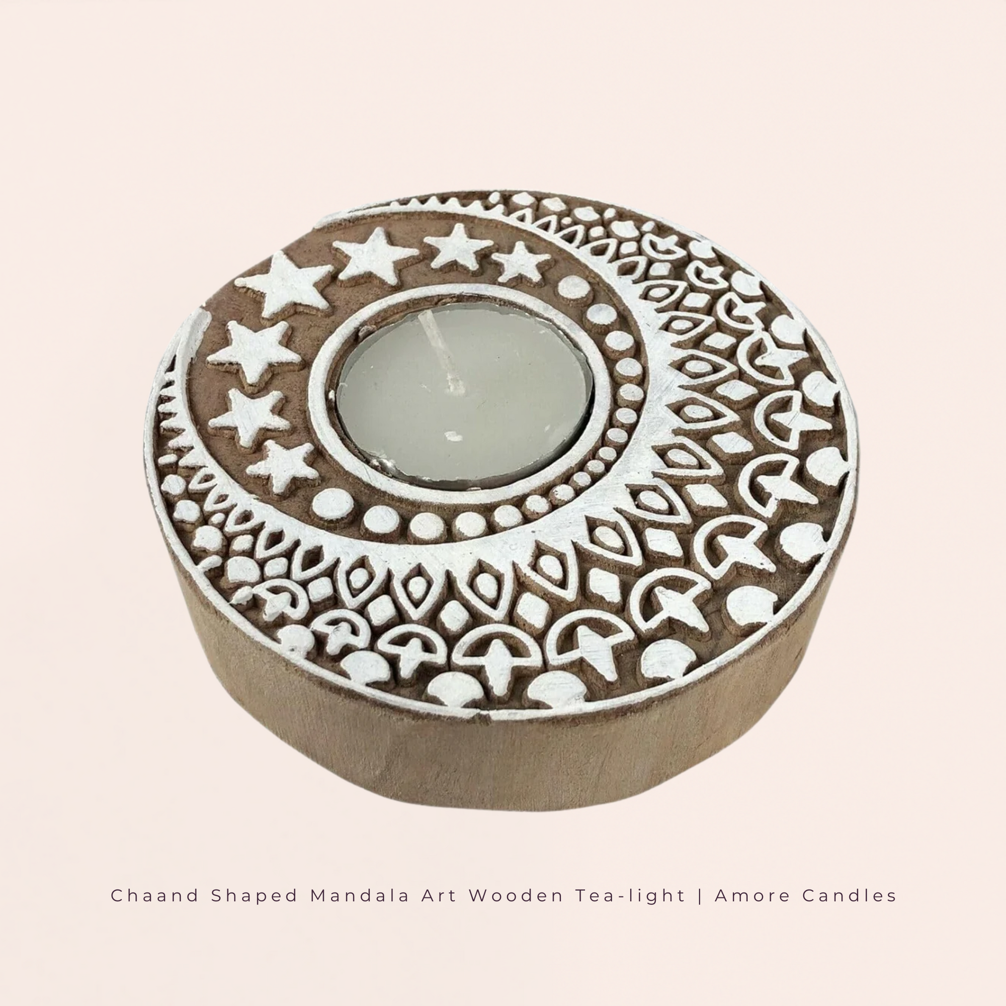 Chaand Tara Shaped Wooden Tea-Light Holder x2