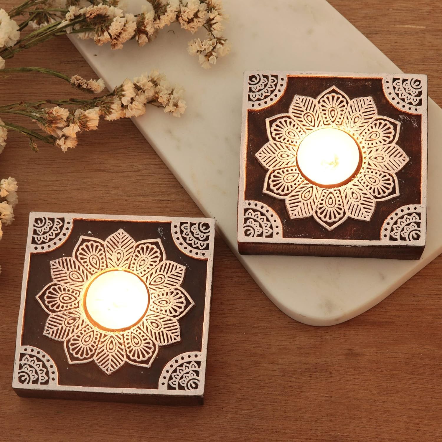 Square Block Shaped Wooden Tea-Light Holder