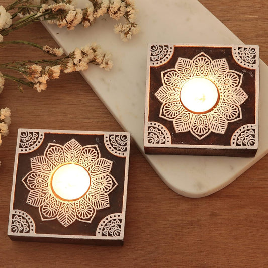 Square Block Shaped Wooden Tea-Light Holder