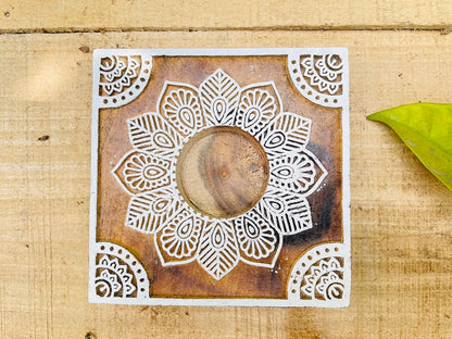 Square Block Shaped Wooden Tea-Light Holder
