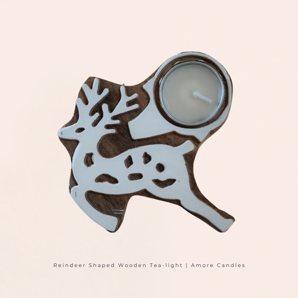 Reindeer Shaped Wooden Tea-Light Holder x2