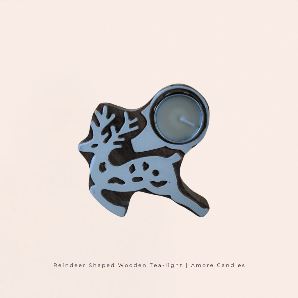 Reindeer Shaped Wooden Tea-Light Holder x2