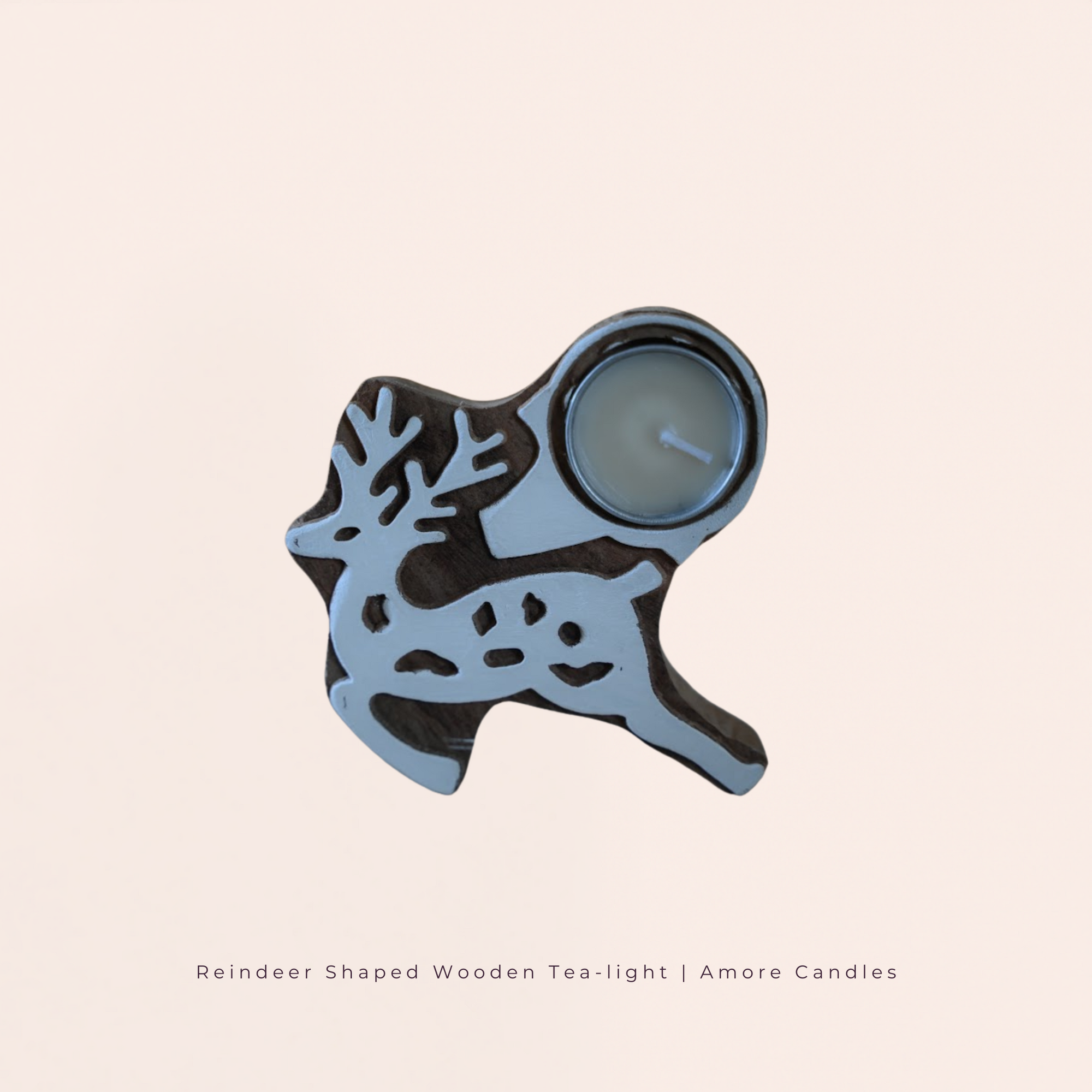 Reindeer Shaped Wooden Tea-Light Holder x2